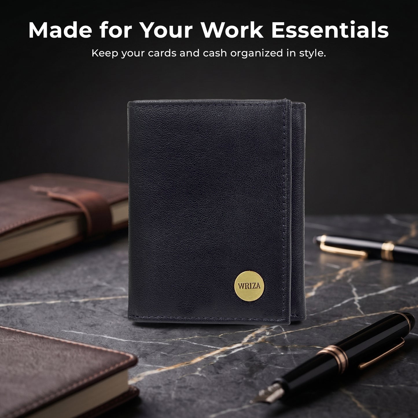WRIZA Men's Genuine Leather Slim Tri-fold Wallet with RFID Protection, 6 Card Slots, and Zipper Coin Pocket | Minimalist Pebbled Leather Purse for Men (Black)