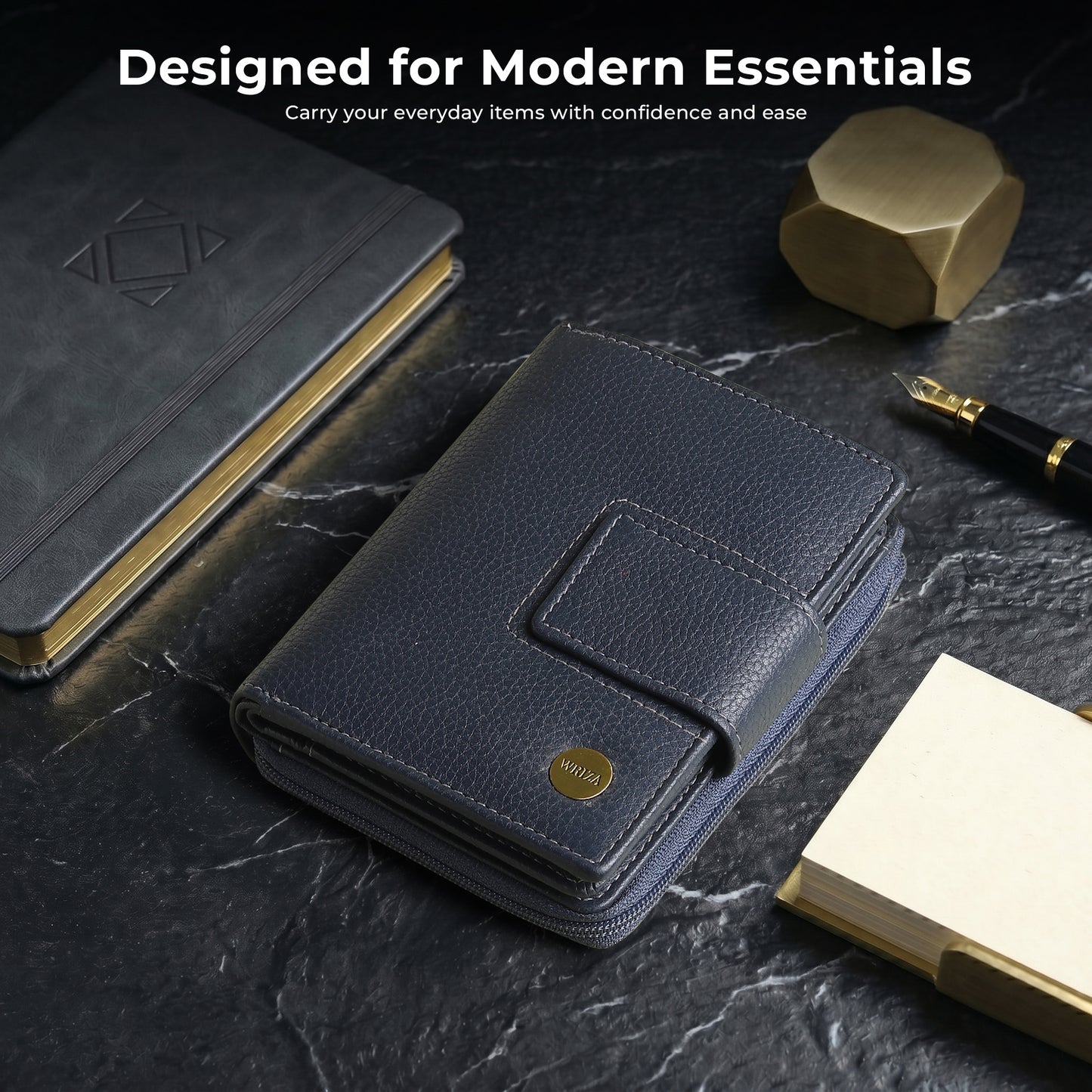 WRIZA Women's Genuine Leather Wallet | Navy Blue RFID Protected Clutch Purse with 9 Card Slots, ID Window & Zipper Coin Pocket for Gifting