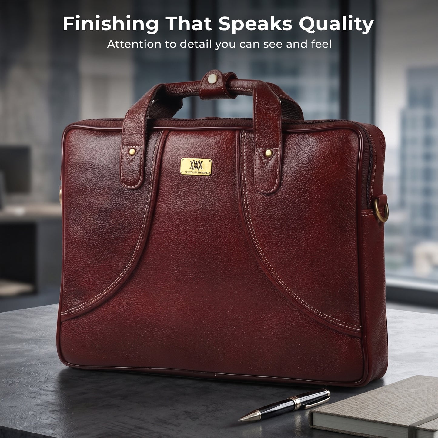 WRIZA Premium Genuine Leather Laptop Bag for Men | 15.6 inch Professional Office Messenger Bag with Adjustable Strap - Brown