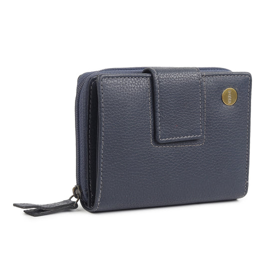 WRIZA Women's Genuine Leather Wallet | Navy Blue RFID Protected Clutch Purse with 9 Card Slots, ID Window & Zipper Coin Pocket for Gifting