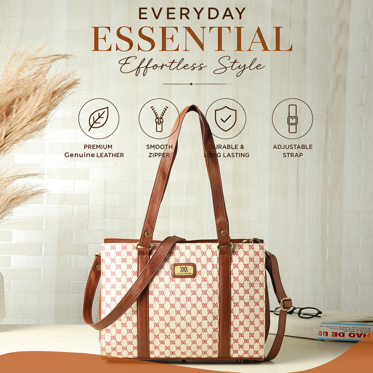 WRIZA Women's Genuine Leather Tote Bag | Large Office Handbag with Laptop Compartment | Monogram Printed Textured Shoulder Bag for Work & Travel