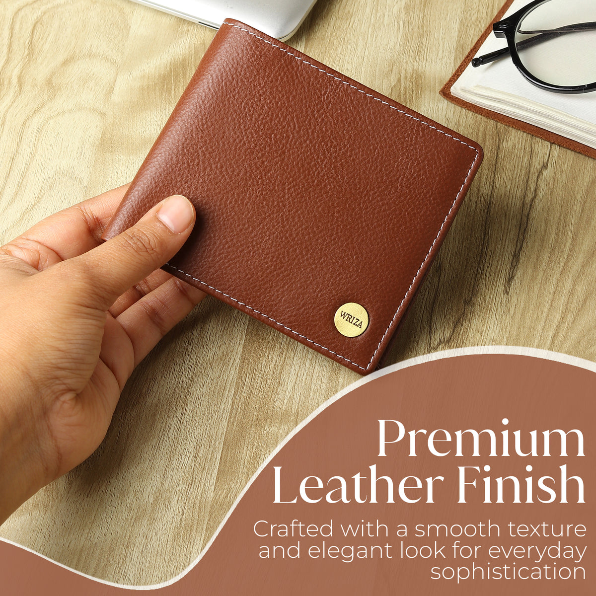 WRIZA Premium Genuine Leather Bi-fold Wallet for Men | Handcrafted Leather Slim Wallet with Coin Pocket, 2 Currency Compartments, and Multiple Credit Card Slots | Elegant Gift Box Included (Rust)