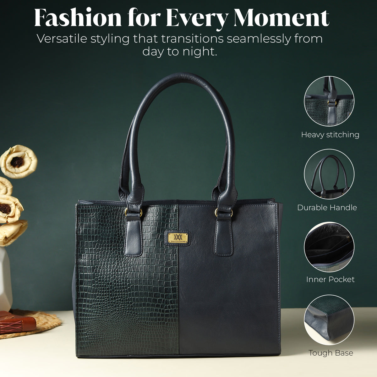 WRIZA Genuine Leather Handbag for Women | Dark Blue & Green Croco Textured Tote Bag for Office & Travel | Large Multipurpose Shoulder Bag Fits Laptop & Bottle