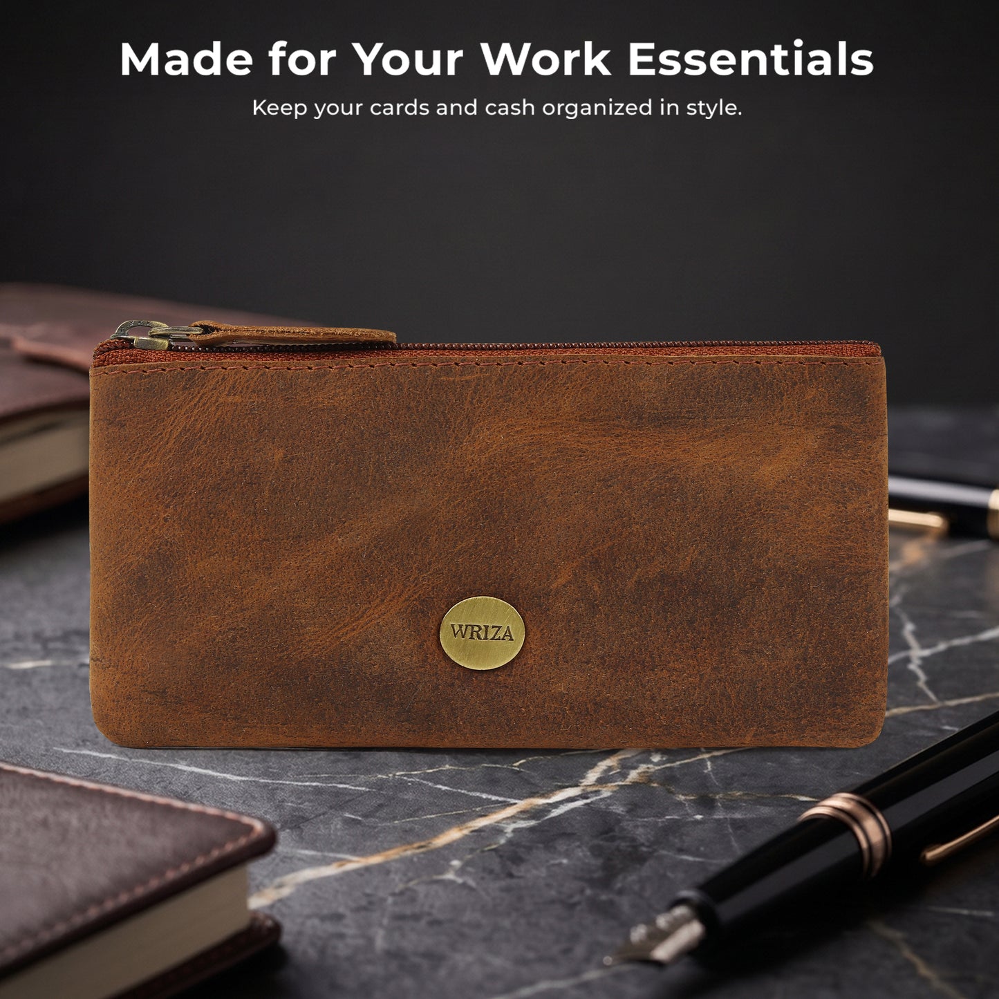 WRIZA Premium Handcrafted Genuine Leather Key Pouch with Zipper & Metallic Ring | Slim Keychain Case for Men & Women