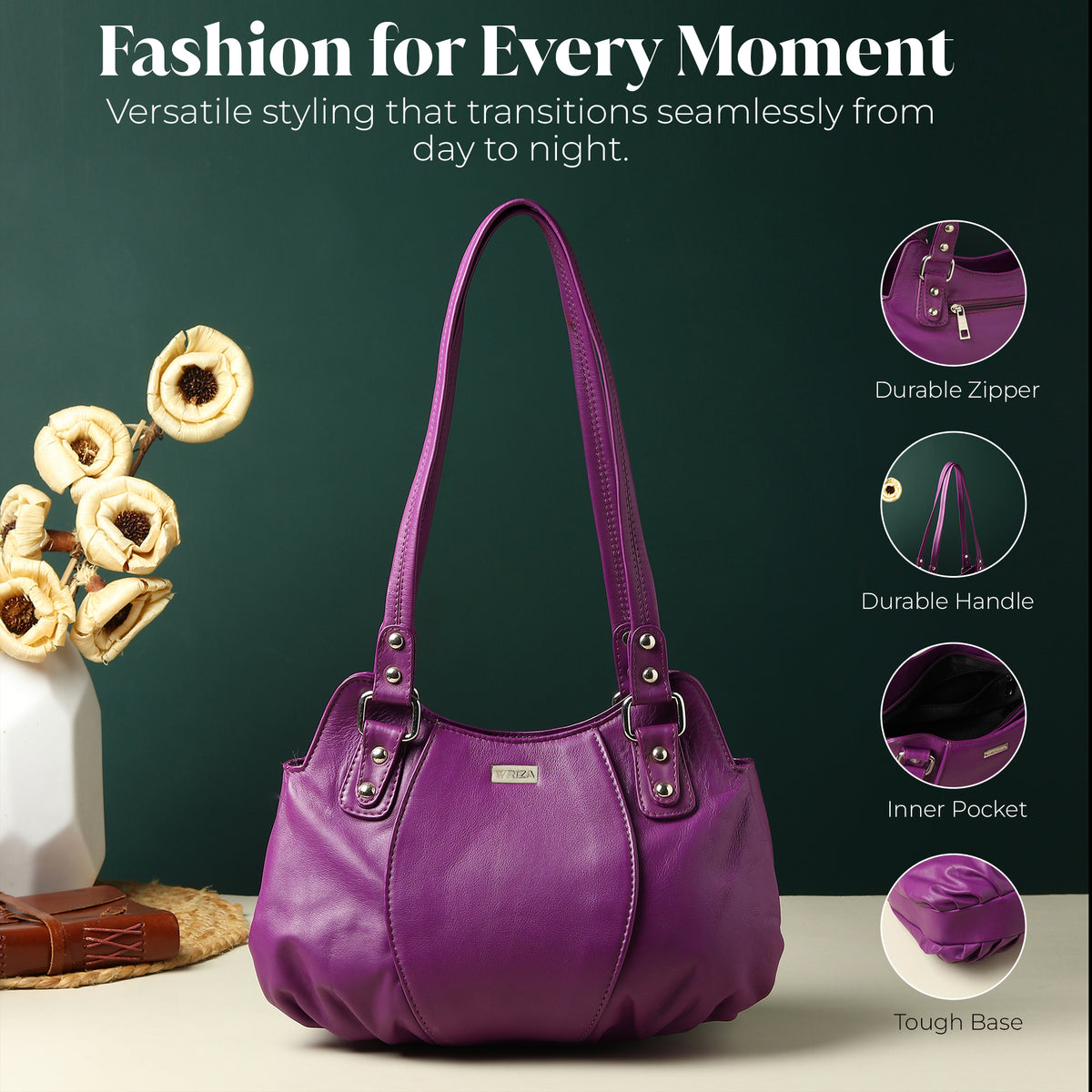 WRIZA Luxury Purple Genuine Leather Handbag for Women | Premium Textured Shoulder Bag with Multiple Zip Compartments | Stylish Ladies Purse for Office & Casual Use | Durable Top-Handle Satchel
