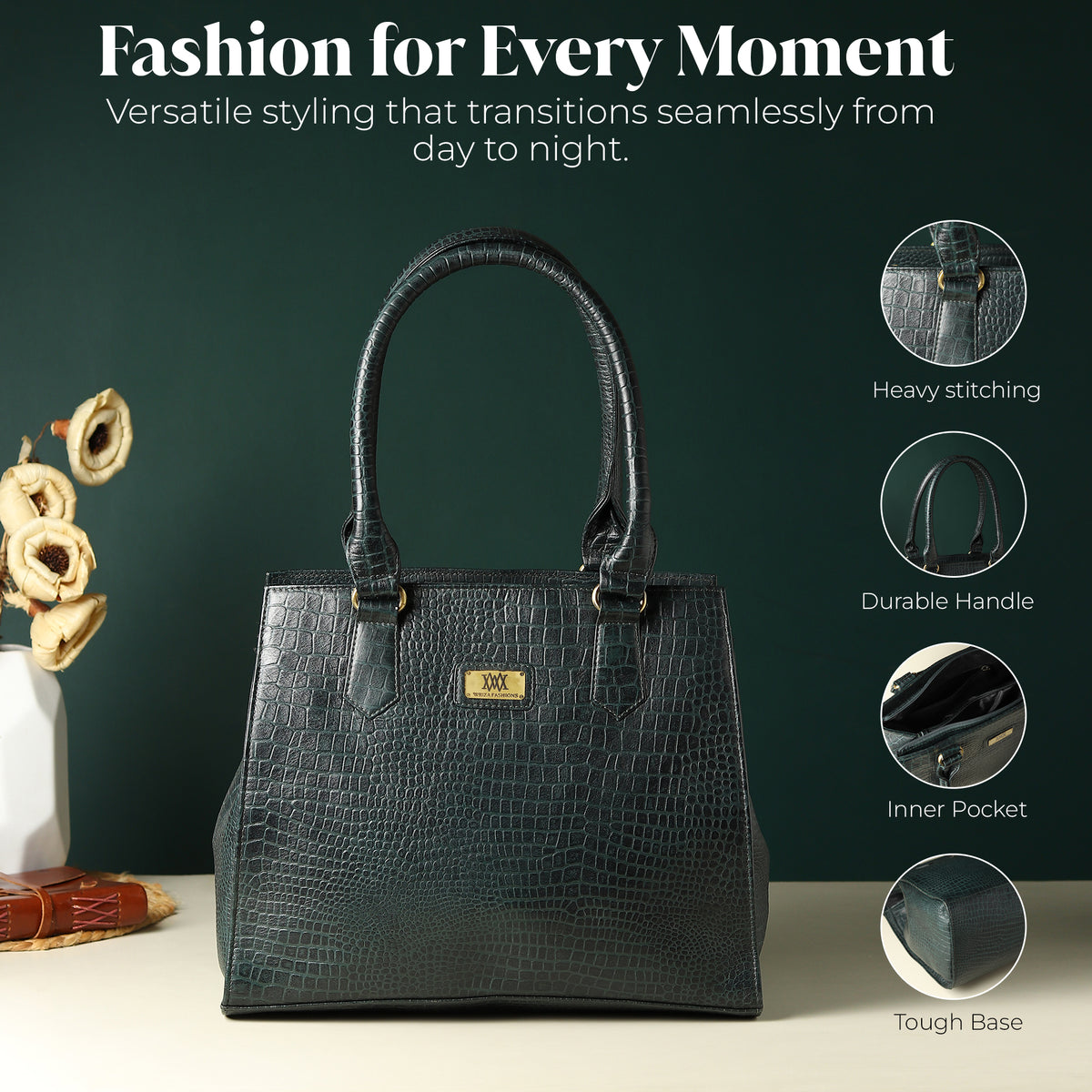 WRIZA Women's Genuine Leather Handbag | Emerald Green Crocodile Textured Tote for Office & Casual Use | Multi-Compartment Satchel Bag with Top Handle