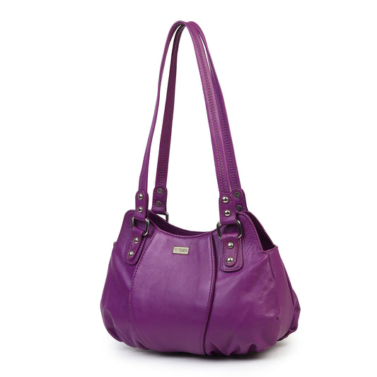 WRIZA Luxury Purple Genuine Leather Handbag for Women | Premium Textured Shoulder Bag with Multiple Zip Compartments | Stylish Ladies Purse for Office & Casual Use | Durable Top-Handle Satchel