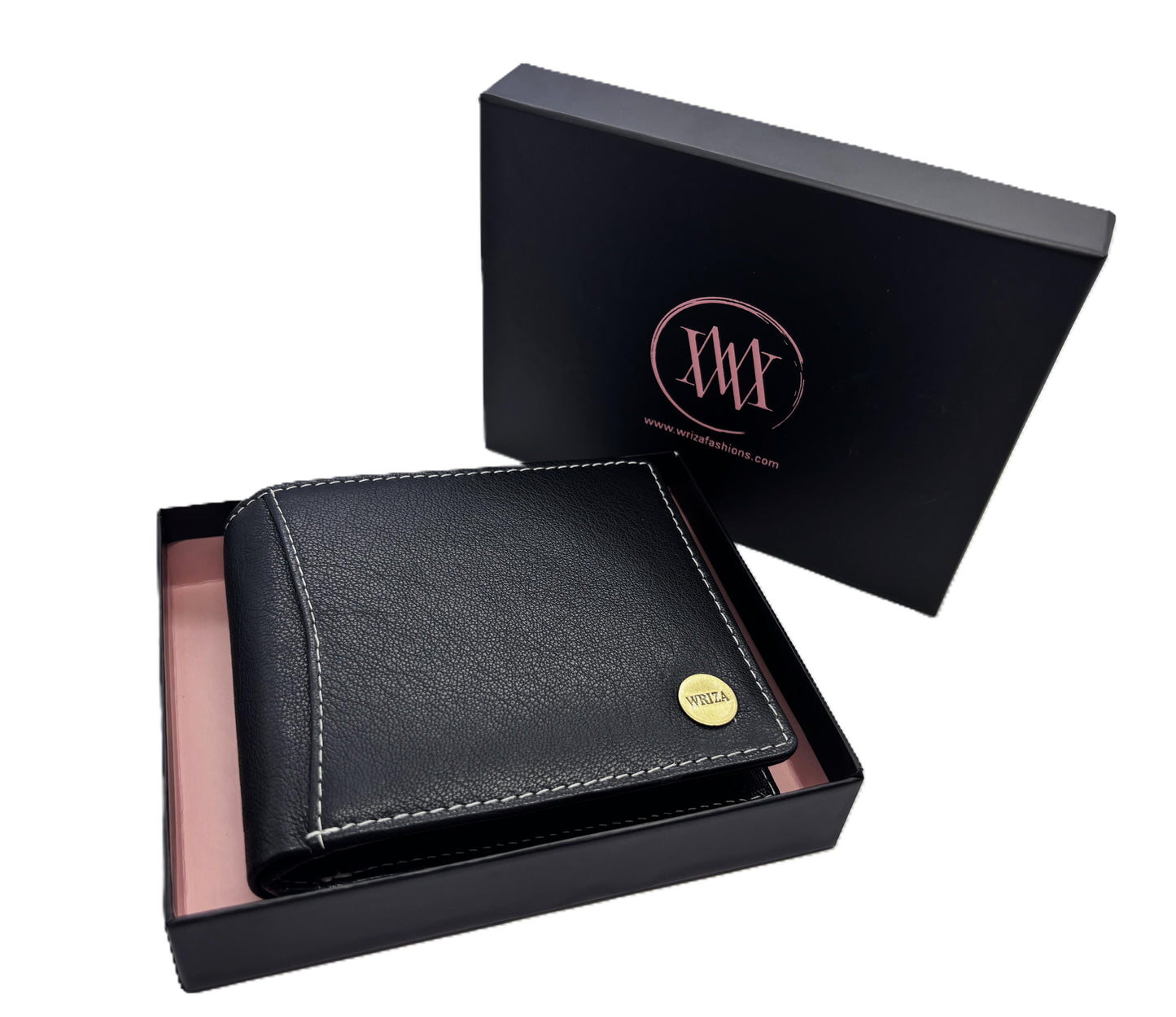 WRIZA Men’s Genuine Leather Bifold Wallet | Premium Textured Finish with Coin Pocket, 2 Currency Compartments & Multiple ID Card Slots | Stylish & Slim Casual Business Wallet for Men (Black)