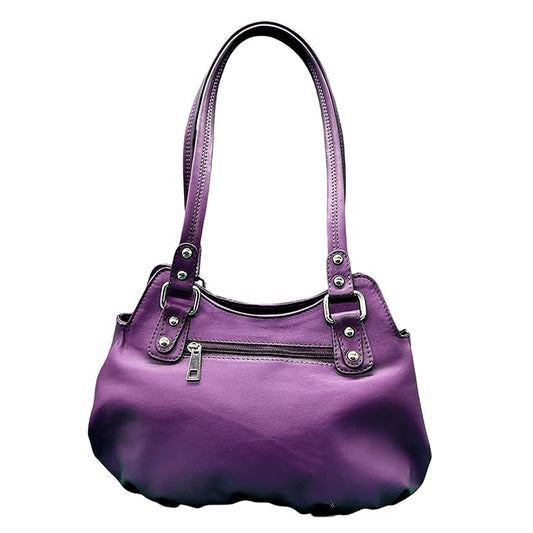 WRIZA Luxury Purple Genuine Leather Handbag for Women | Premium Textured Shoulder Bag with Multiple Zip Compartments | Stylish Ladies Purse for Office & Casual Use | Durable Top-Handle Satchel