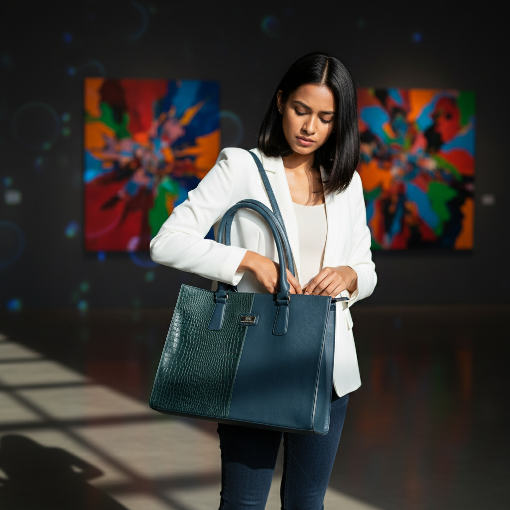 WRIZA Genuine Leather Handbag for Women | Dark Blue & Green Croco Textured Tote Bag for Office & Travel | Large Multipurpose Shoulder Bag Fits Laptop & Bottle