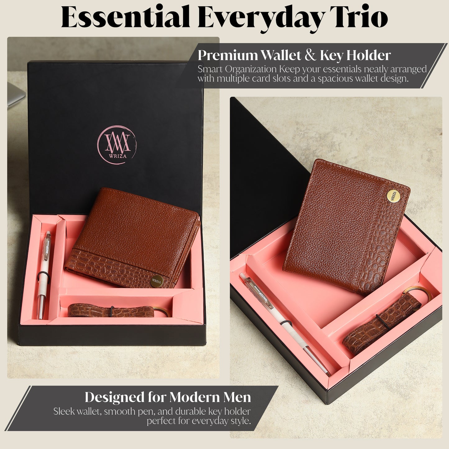 WRIZA Men's Genuine Leather Wallet, Pen & Keychain Gift Set | Premium Croc Texture Combo Box for Birthday, Anniversary & Corporate Gifting