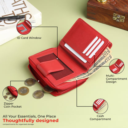 WRIZA Women's Genuine Leather Wallet | Coral Red RFID Protected Clutch Purse with 9 Card Slots, ID Window & Zipper Coin Pocket for Gifting