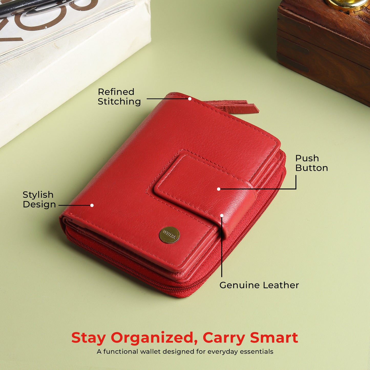 WRIZA Women's Genuine Leather Wallet | Coral Red RFID Protected Clutch Purse with 9 Card Slots, ID Window & Zipper Coin Pocket for Gifting