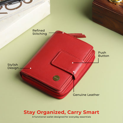WRIZA Women's Genuine Leather Wallet | Coral Red RFID Protected Clutch Purse with 9 Card Slots, ID Window & Zipper Coin Pocket for Gifting
