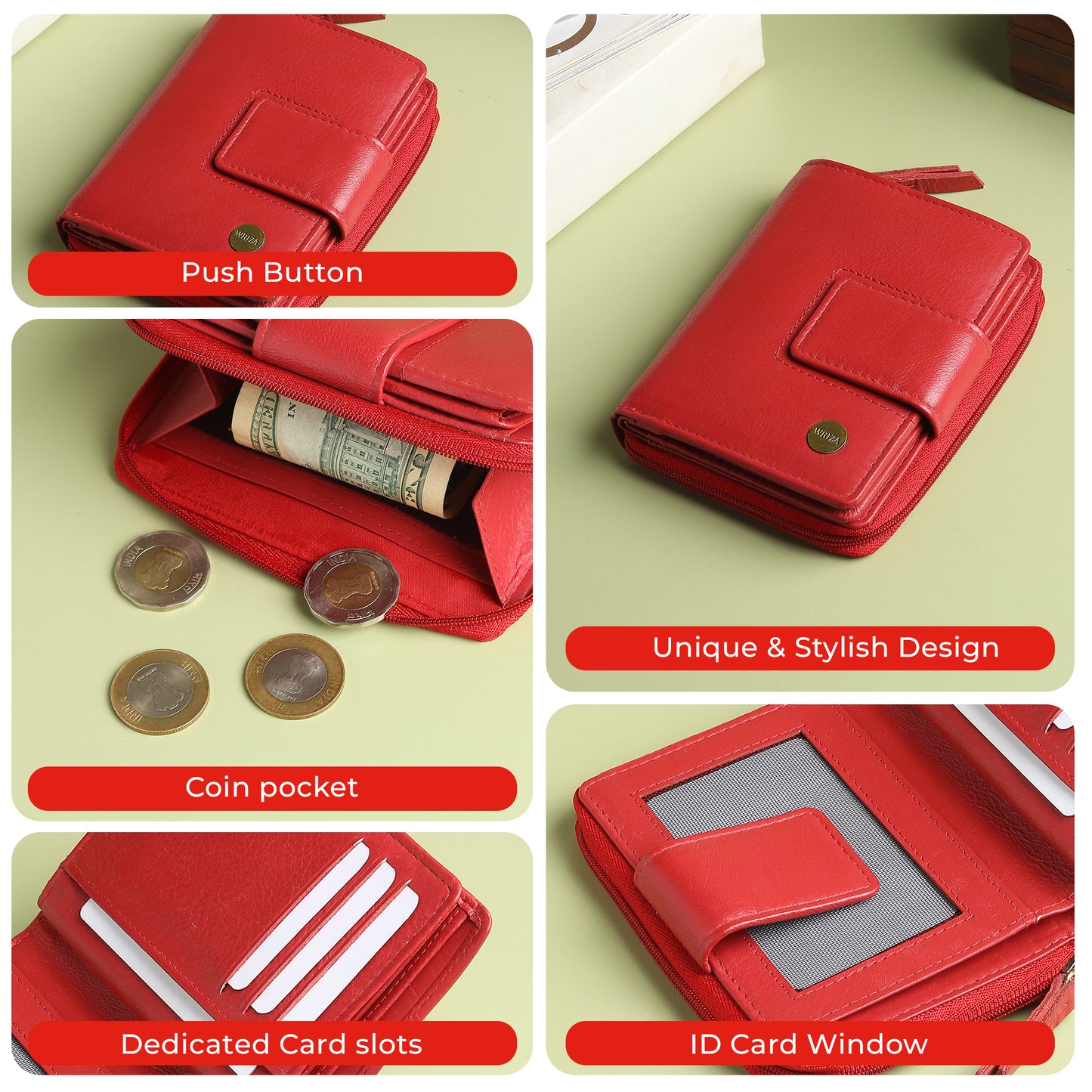 WRIZA Women's Genuine Leather Wallet | Coral Red RFID Protected Clutch Purse with 9 Card Slots, ID Window & Zipper Coin Pocket for Gifting
