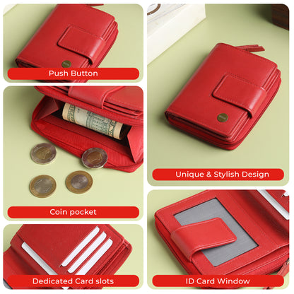 WRIZA Women's Genuine Leather Wallet | Coral Red RFID Protected Clutch Purse with 9 Card Slots, ID Window & Zipper Coin Pocket for Gifting
