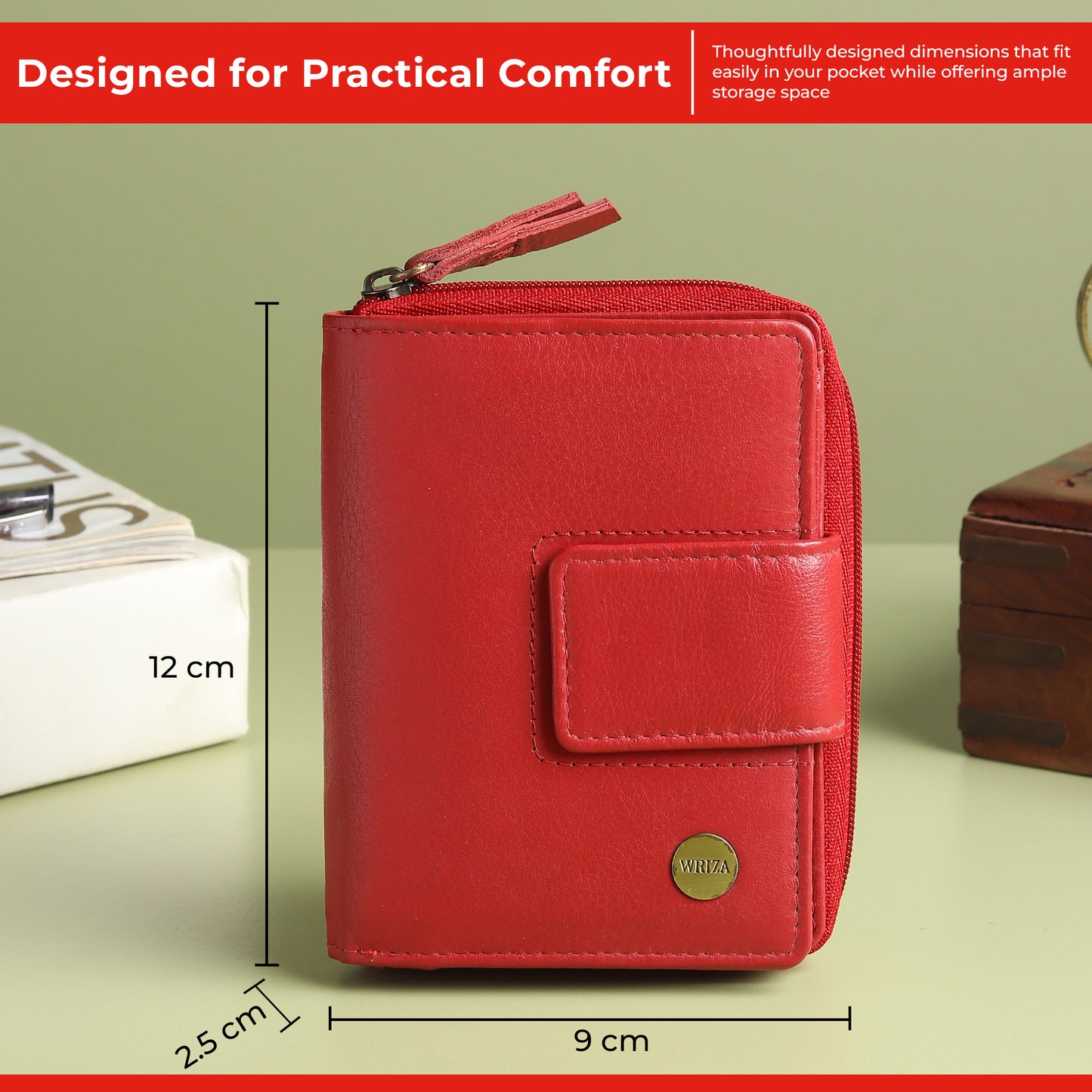 WRIZA Women's Genuine Leather Wallet | Coral Red RFID Protected Clutch Purse with 9 Card Slots, ID Window & Zipper Coin Pocket for Gifting
