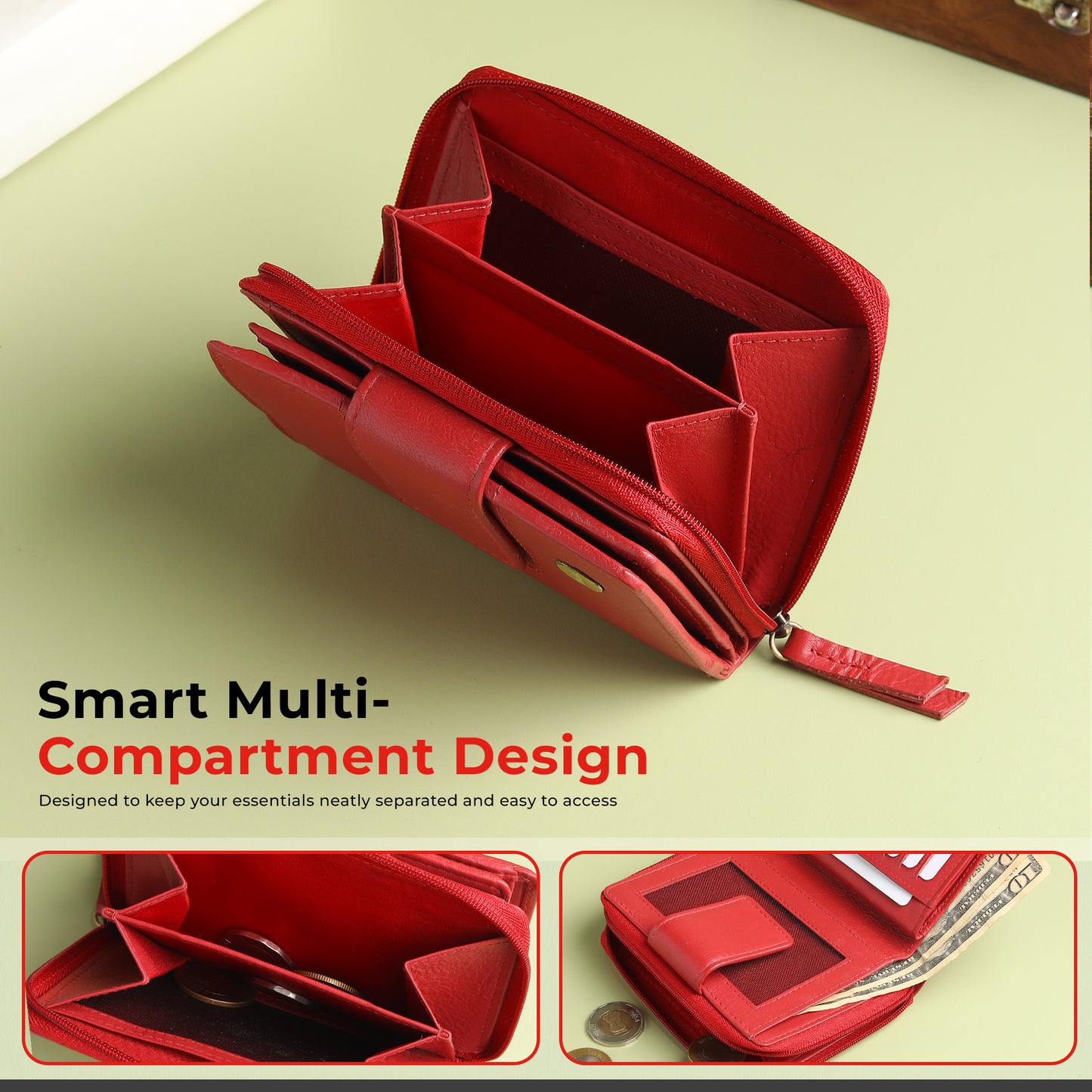 WRIZA Women's Genuine Leather Wallet | Coral Red RFID Protected Clutch Purse with 9 Card Slots, ID Window & Zipper Coin Pocket for Gifting