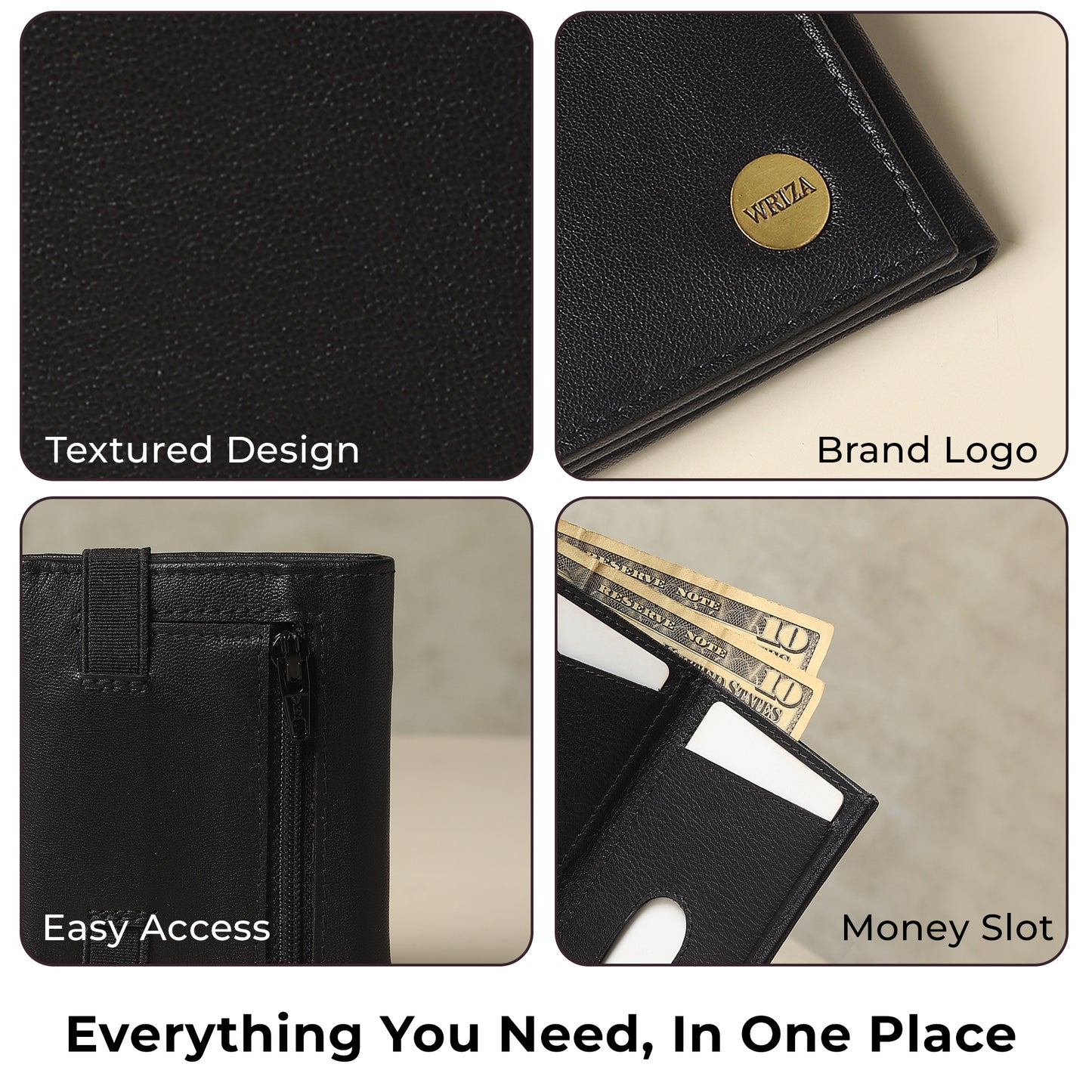 WRIZA Men's Genuine Leather Slim Tri-fold Wallet with RFID Protection, 6 Card Slots, and Zipper Coin Pocket | Minimalist Pebbled Leather Purse for Men (Black)