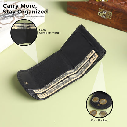 WRIZA Genuine Leather Wallet for Women | Textured Black Small Purse with Multiple Card Slots and Coin Pocket | Compact Handheld Organizer for Ladies