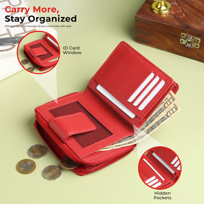 WRIZA Women's Genuine Leather Wallet | Coral Red RFID Protected Clutch Purse with 9 Card Slots, ID Window & Zipper Coin Pocket for Gifting