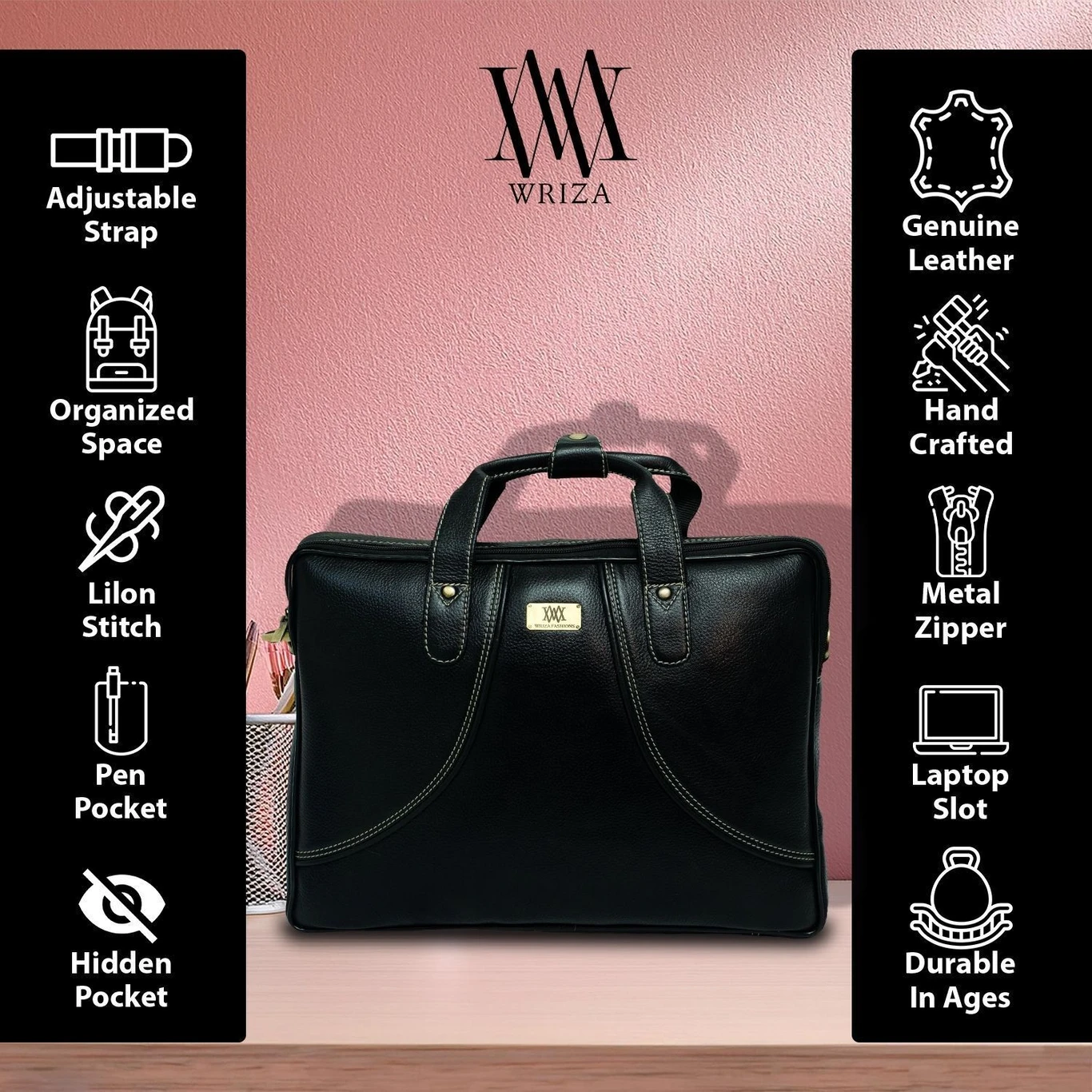 WRIZA Premium Genuine Leather Laptop Bag for Men | 15.6 inch Professional Office Messenger Bag with Adjustable Strap - Black