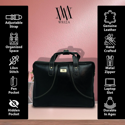WRIZA Premium Genuine Leather Laptop Bag for Men | 15.6 inch Professional Office Messenger Bag with Adjustable Strap - Black