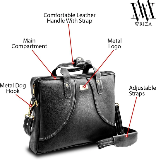 WRIZA Premium Genuine Leather Laptop Bag for Men | 15.6 inch Professional Office Messenger Bag with Adjustable Strap - Black