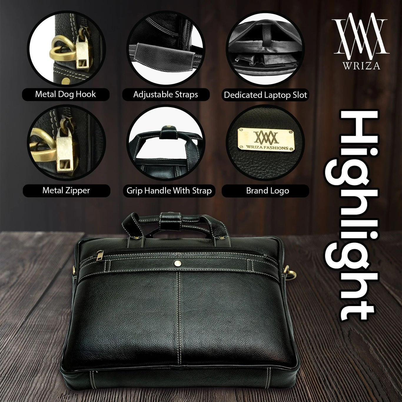 WRIZA Premium Genuine Leather Laptop Bag for Men | 15.6 inch Professional Office Messenger Bag with Adjustable Strap - Black