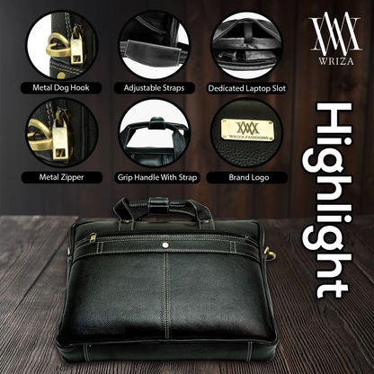 WRIZA Premium Genuine Leather Laptop Bag for Men | 15.6 inch Professional Office Messenger Bag with Adjustable Strap - Black