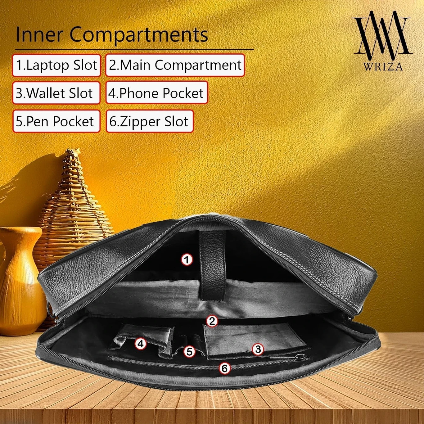 WRIZA Premium Genuine Leather Laptop Bag for Men | 15.6 inch Professional Office Messenger Bag with Adjustable Strap - Black