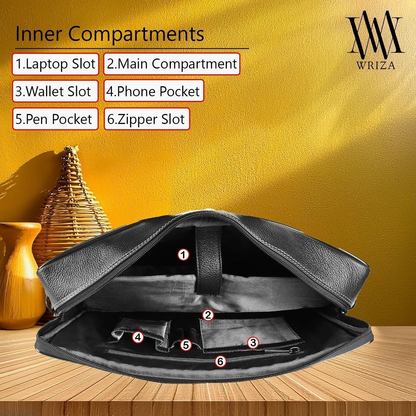 WRIZA Premium Genuine Leather Laptop Bag for Men | 15.6 inch Professional Office Messenger Bag with Adjustable Strap - Black