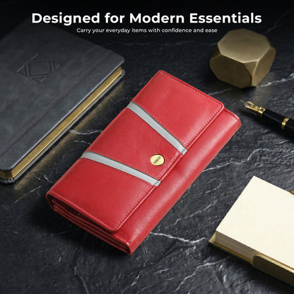 WRIZA Genuine Leather Women’s Wallet with RFID Protection | Stylish Red Clutch Purse with Multiple Card Slots, Coin Pocket & Spacious Compartment for Ladies