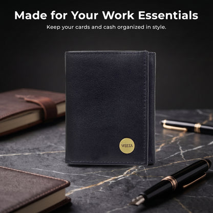WRIZA Men's Genuine Leather Slim Tri-fold Wallet with RFID Protection, 6 Card Slots, and Zipper Coin Pocket | Minimalist Pebbled Leather Purse for Men (Black)
