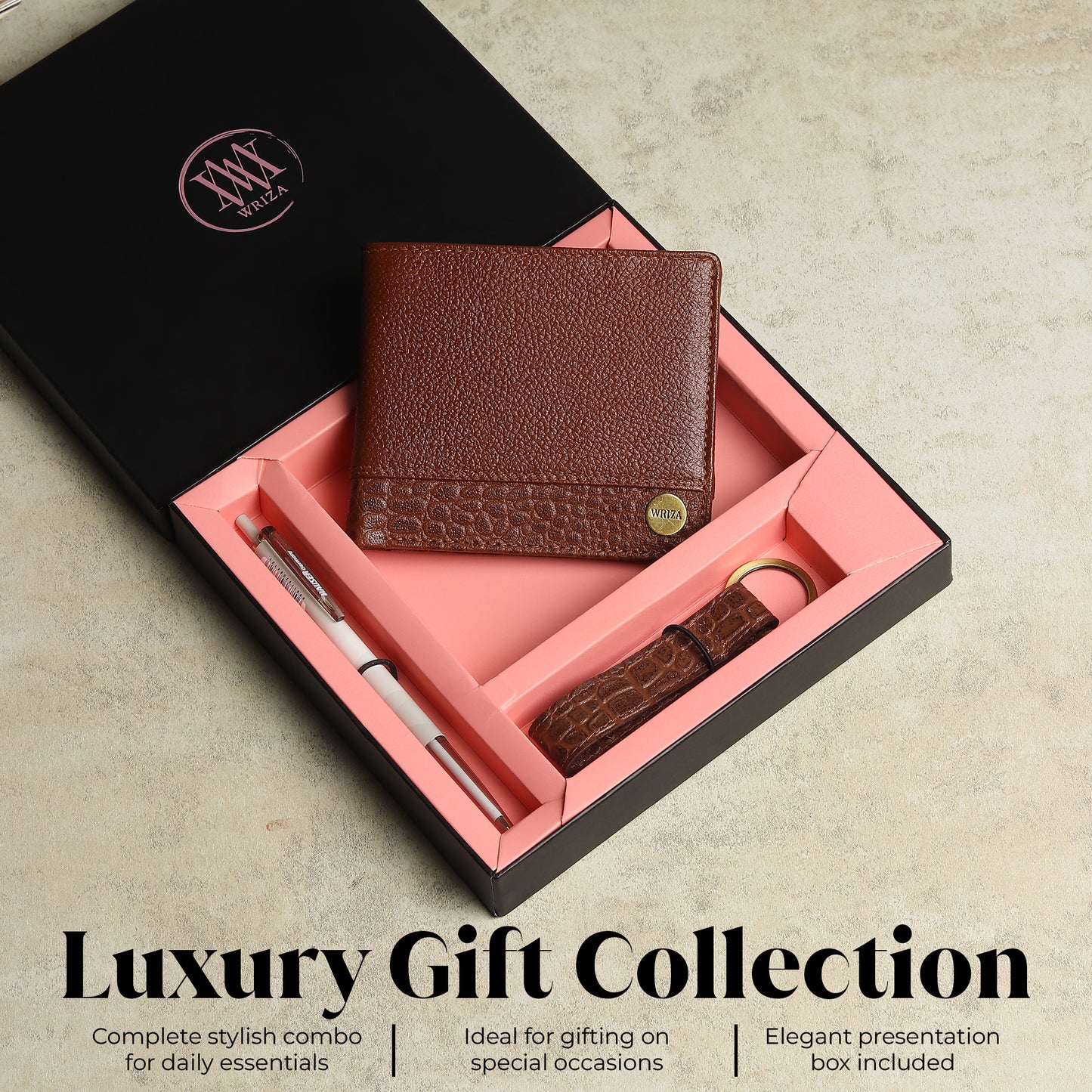 WRIZA Men's Genuine Leather Wallet, Pen & Keychain Gift Set | Premium Croc Texture Combo Box for Birthday, Anniversary & Corporate Gifting
