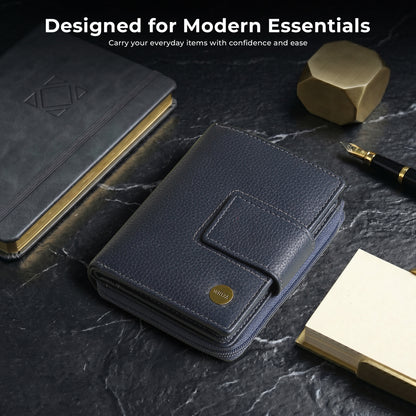 WRIZA Women's Genuine Leather Wallet | Navy Blue RFID Protected Clutch Purse with 9 Card Slots, ID Window & Zipper Coin Pocket for Gifting