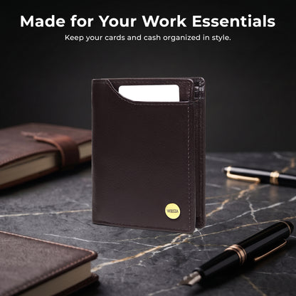 WRIZA Men's Genuine Leather Wallet|Brown RFID Blocking Leather Wallet for Men with Hidden Zip & Coin Pocket | Slim Credit Card Holder Business Wallet