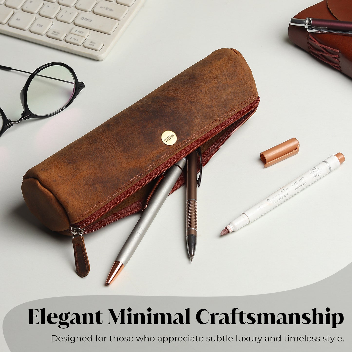 WRIZA Handcrafted Genuine Leather Pen & Pencil Case | Vintage Brown Stationary Pouch & Travel Organizer for Professionals, Students, and Artists | Slim Premium Pen Holder Case