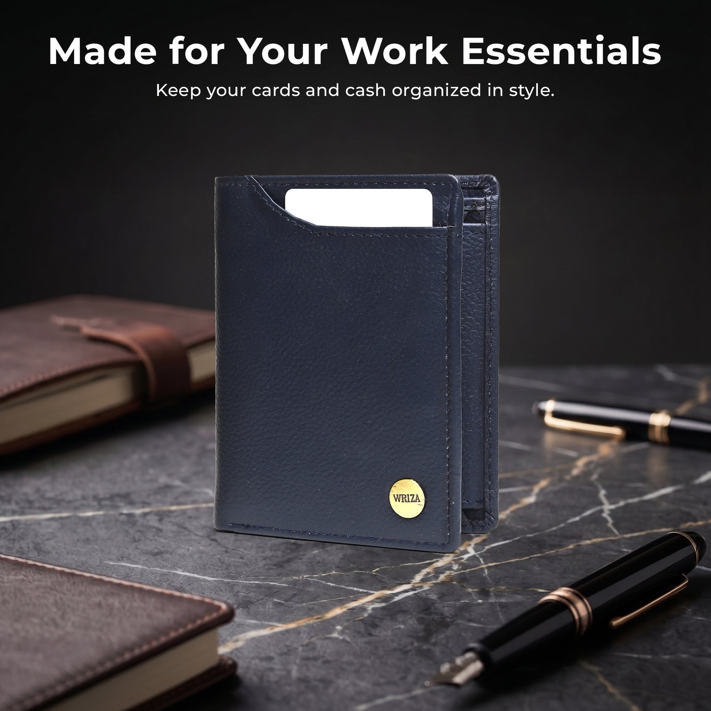 WRIZA Men's Genuine Leather Wallet|Navy Blue RFID Blocking Leather Wallet for Men with Hidden Zip & Coin Pocket | Slim Credit Card Holder Business Wallet