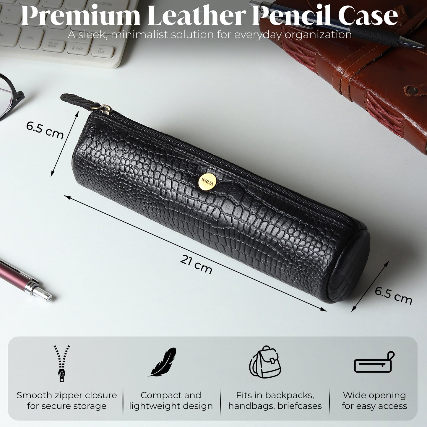 WRIZA Handcrafted Genuine Leather Pen & Pencil Case | Vintage Black Stationary Pouch & Travel Organizer for Professionals, Students, and Artists | Slim Premium Pen Holder Case