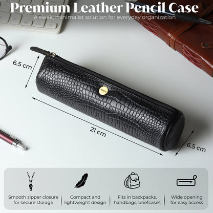 WRIZA Handcrafted Genuine Leather Pen & Pencil Case | Vintage Black Stationary Pouch & Travel Organizer for Professionals, Students, and Artists | Slim Premium Pen Holder Case
