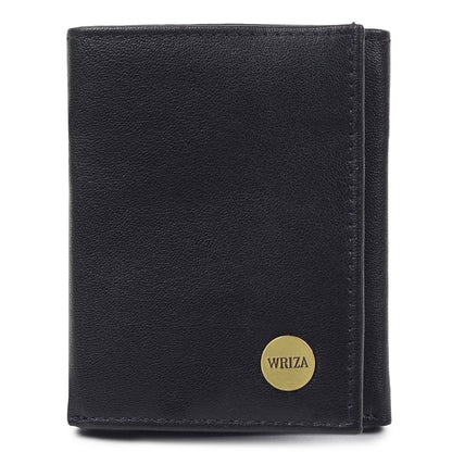 WRIZA Men's Genuine Leather Slim Tri-fold Wallet with RFID Protection, 6 Card Slots, and Zipper Coin Pocket | Minimalist Pebbled Leather Purse for Men (Black)