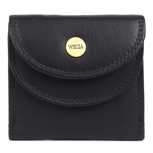 WRIZA Genuine Leather Wallet for Women | Textured Black Small Purse with Multiple Card Slots and Coin Pocket | Compact Handheld Organizer for Ladies