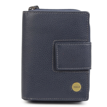 WRIZA Women's Genuine Leather Wallet | Navy Blue RFID Protected Clutch Purse with 9 Card Slots, ID Window & Zipper Coin Pocket for Gifting