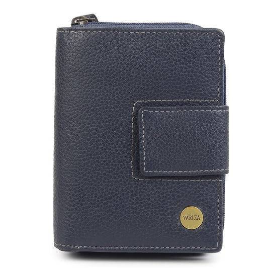 WRIZA Women's Genuine Leather Wallet | Navy Blue RFID Protected Clutch Purse with 9 Card Slots, ID Window & Zipper Coin Pocket for Gifting
