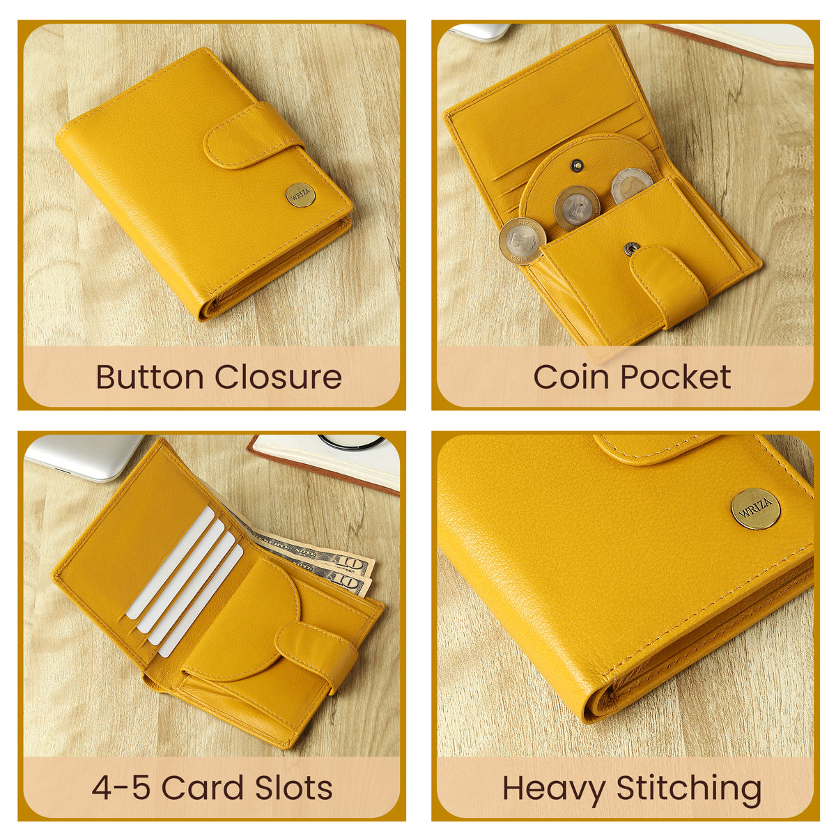 WRIZA Women Mustard Yellow Genuine Leather Two Fold Wallet | Small Purse with Coin Pocket