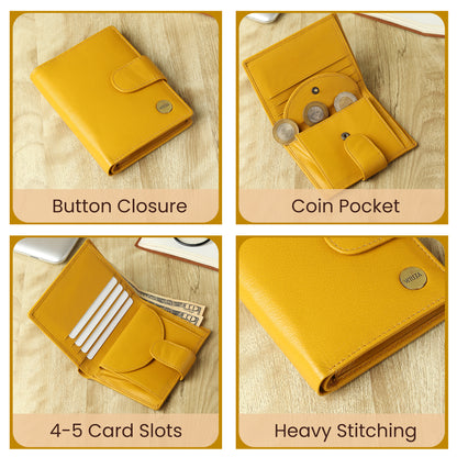 WRIZA Women Mustard Yellow Genuine Leather Two Fold Wallet | Small Purse with Coin Pocket
