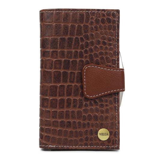 WRIZA Genuine Leather Clutch for Women | Croco Pattern Leather Wallet with 7 Card Slots & 3 Compartments | Slim Travel Purse for Women (Brown)