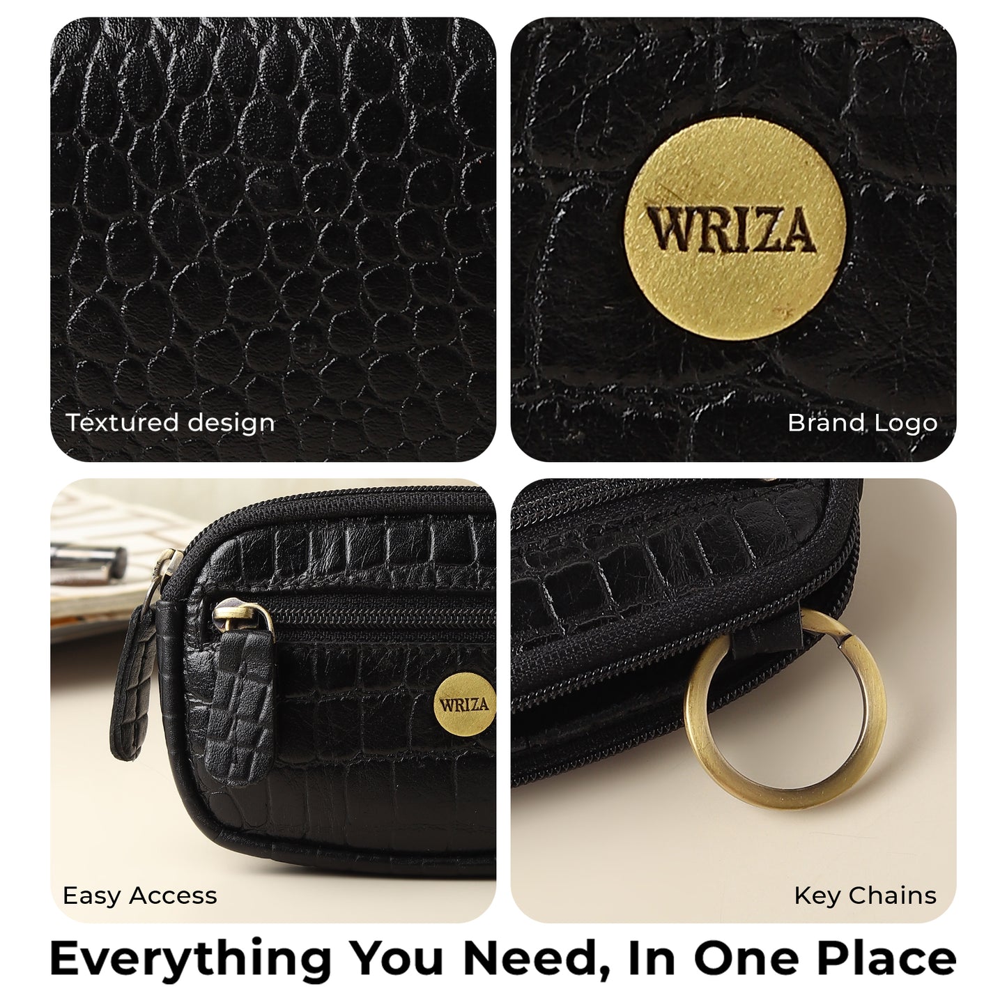 WRIZA Genuine Leather Coin Purse for Women | Mini Key Pouch with Zipper & Keychain Holder