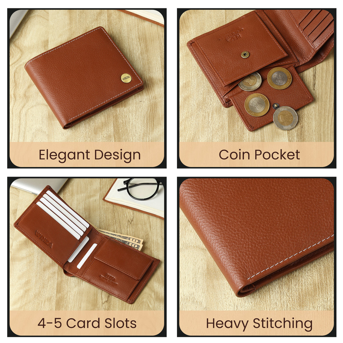 WRIZA Premium Genuine Leather Bi-fold Wallet for Men | Handcrafted Leather Slim Wallet with Coin Pocket, 2 Currency Compartments, and Multiple Credit Card Slots | Elegant Gift Box Included (Rust)